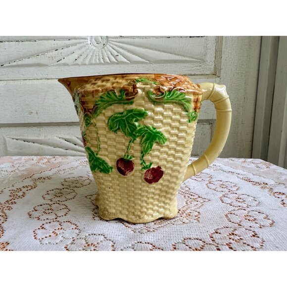 Art Deco 40's Water Pitcher Basket weave Cherries Shabby - Picture 1 of 12